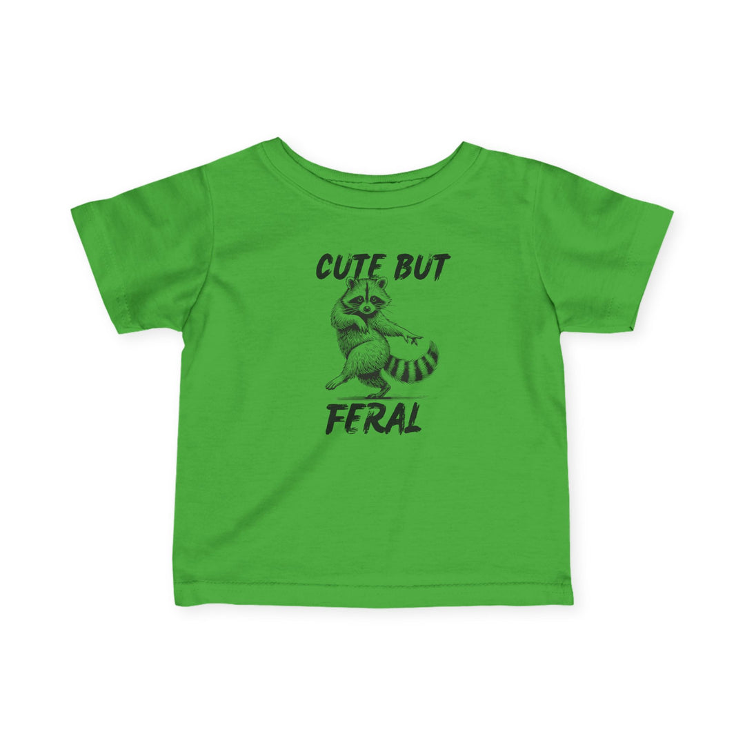 Cute but Feral Baby Tee: Bright green infant T-shirt featuring a black sketch of a raccoon with humorous text, designed for comfort and durability.