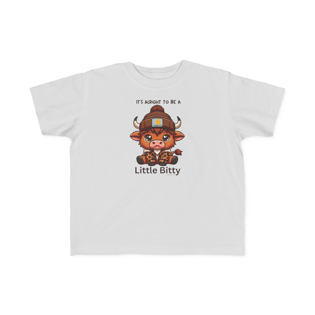 Little Bitty Toddler Tee featuring a cartoon cow in a hat. 100% combed ringspun cotton, light fabric, tear-away label. Sizes: 2T, 3T, 4T, 5-6T. Classic fit for sensitive skin.