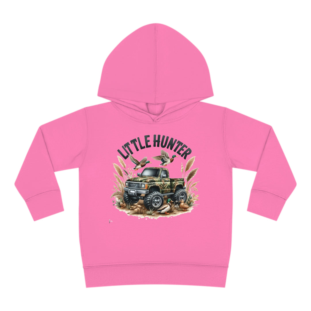 Little Hunter Toddler Hoodie featuring a pink truck and bird design. 60% cotton, 40% polyester blend for durability and comfort. Jersey-lined hood, cover-stitched details, and side pockets for coziness.
