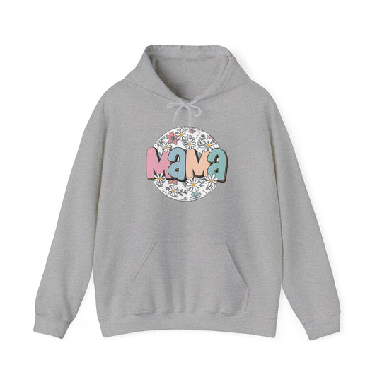 A grey Sassy Mama Flower Hoodie, a cozy blend of cotton and polyester. Features a kangaroo pocket and matching drawstring hood. Unisex, medium-heavy fabric, tear-away label, true to size.