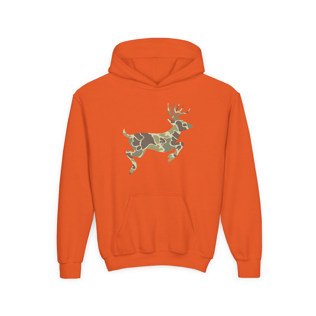 Camo Deer Youth Hoodie features a bright orange design with a kangaroo pocket and a camouflage-patterned leaping deer silhouette on the chest.