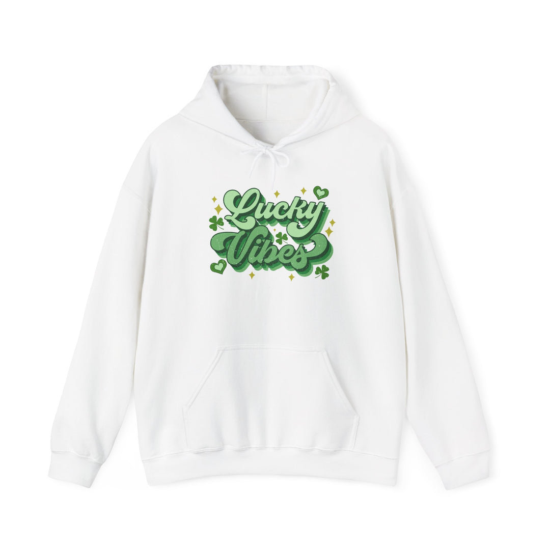 Good Day Lucky Day Hoodie features green text and shamrock design on a white sweatshirt, ideal for cozy comfort with a kangaroo pocket.