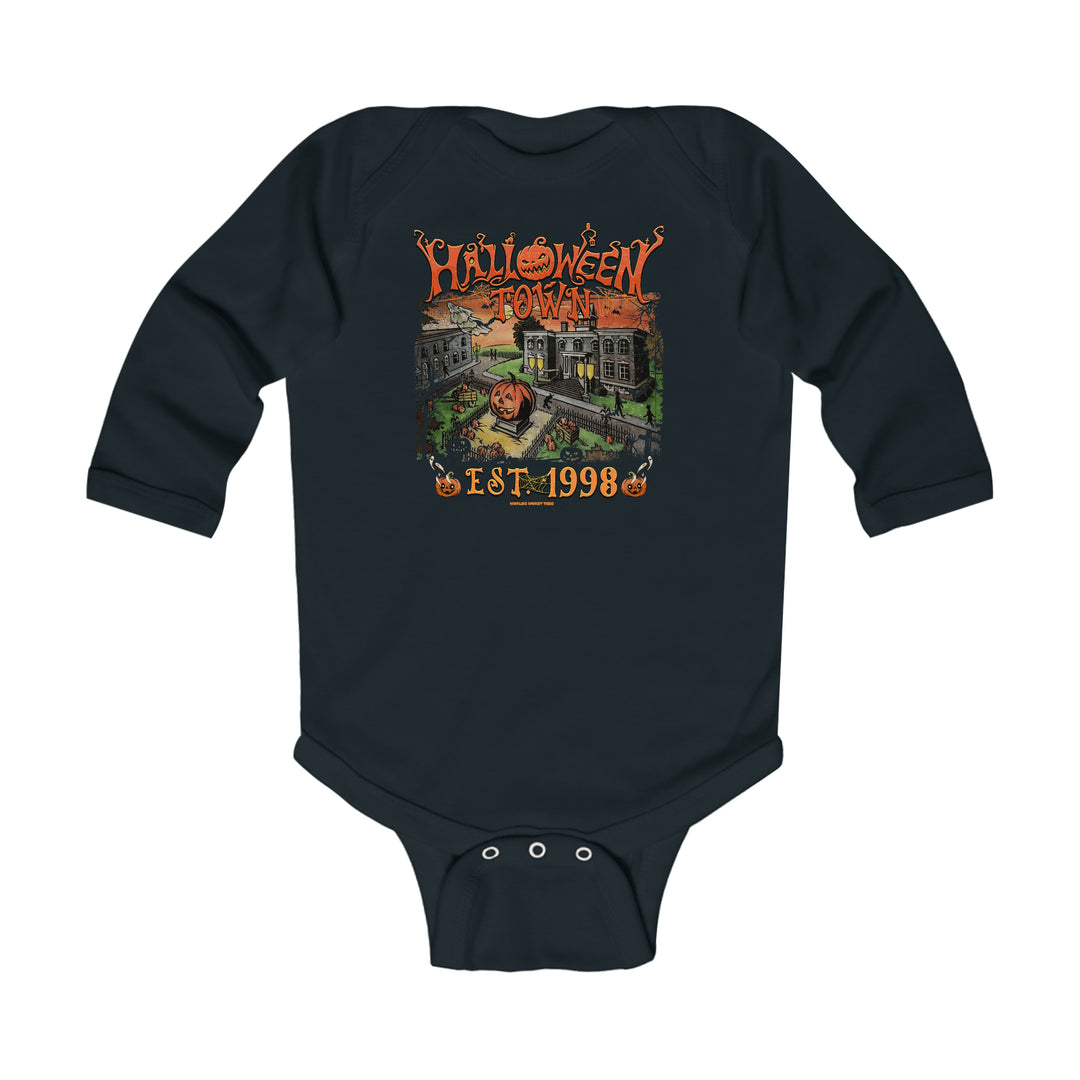 A black baby bodysuit featuring a Halloween-themed graphic design of a train, pumpkin, and ghost. Infant long sleeve bodysuit with ribbed knitting for durability and easy changing. From Worlds Worst Tees.