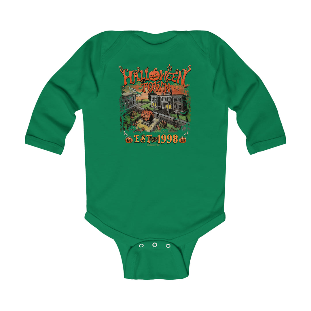Infant long sleeve bodysuit featuring a train and pumpkin design. Soft, durable fabric with plastic snaps for easy changes. Halloweentown Long Sleeved Onesie by Worlds Worst Tees.
