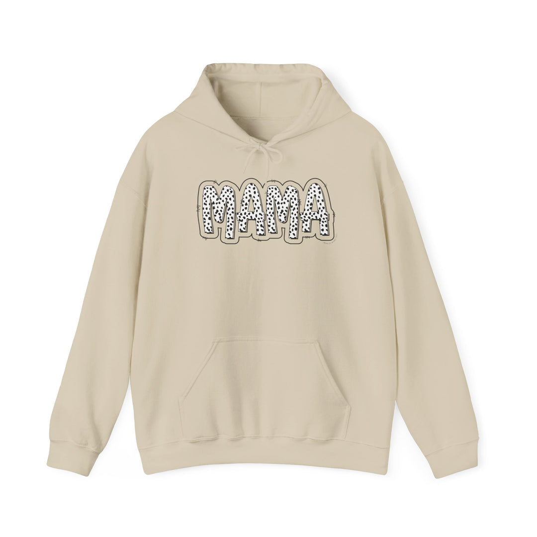A beige Mama Print Hoodie with a white design, featuring a kangaroo pocket and drawstring hood. Unisex, cotton-polyester blend, medium-heavy fabric, tear-away label, classic fit. Sizes S-5XL.