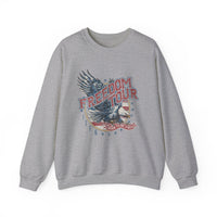 Unisex American Freedom Crew sweatshirt, featuring a graphic eagle design on a grey shirt. Comfortable blend of polyester and cotton, ribbed knit collar, no itchy side seams. Medium-heavy fabric, loose fit, true to size.