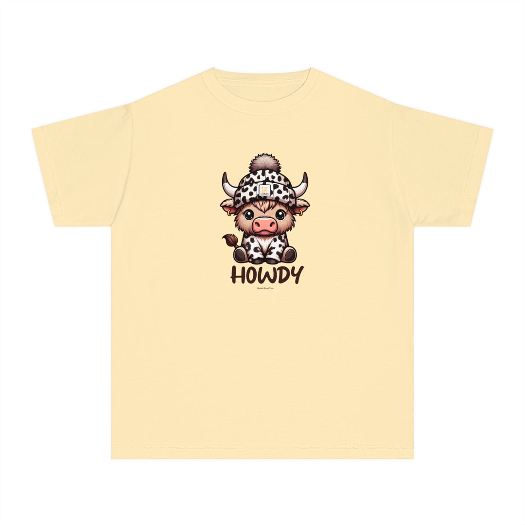 Kid's Howdy Tee: A yellow t-shirt featuring a cartoon cow, perfect for active days. 100% combed ringspun cotton, soft-washed, and garment-dyed for comfort. Ideal for playtime or study sessions.
