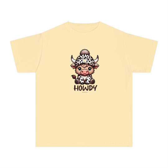 Kid's Howdy Tee: A yellow t-shirt featuring a cartoon cow, perfect for active days. 100% combed ringspun cotton, soft-washed, and garment-dyed for comfort. Ideal for playtime or study sessions.