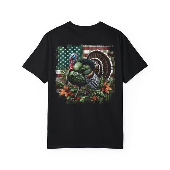 A relaxed fit Turkey Hunting Tee in black, featuring a detailed turkey design. Made of 100% ring-spun cotton for comfort and durability, with double-needle stitching and no side-seams for a lasting tubular shape.