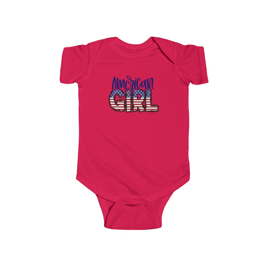 American Girl Onesie infant fine jersey bodysuit with logo, soft 100% cotton fabric, ribbed knitting for durability, plastic snaps for easy changing access. From Worlds Worst Tees.