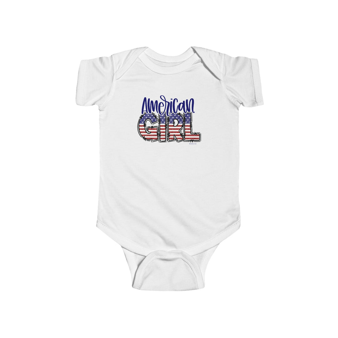 American Girl Onesie featuring patriotic design with stars and stripes on white fabric. Durable 100% cotton, ribbed knit bindings, and plastic snaps for easy changing. From Worlds Worst Tees.