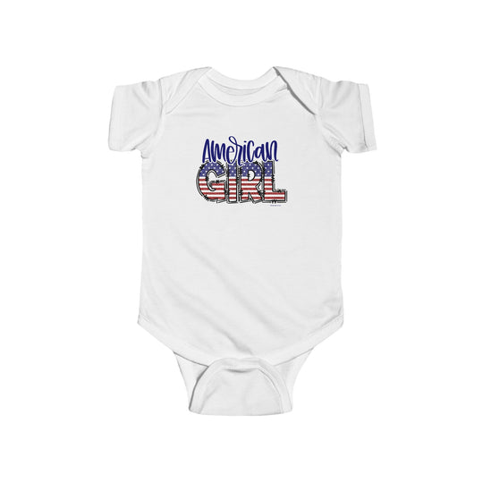 American Girl Onesie featuring patriotic design with stars and stripes on white fabric. Durable 100% cotton, ribbed knit bindings, and plastic snaps for easy changing. From Worlds Worst Tees.