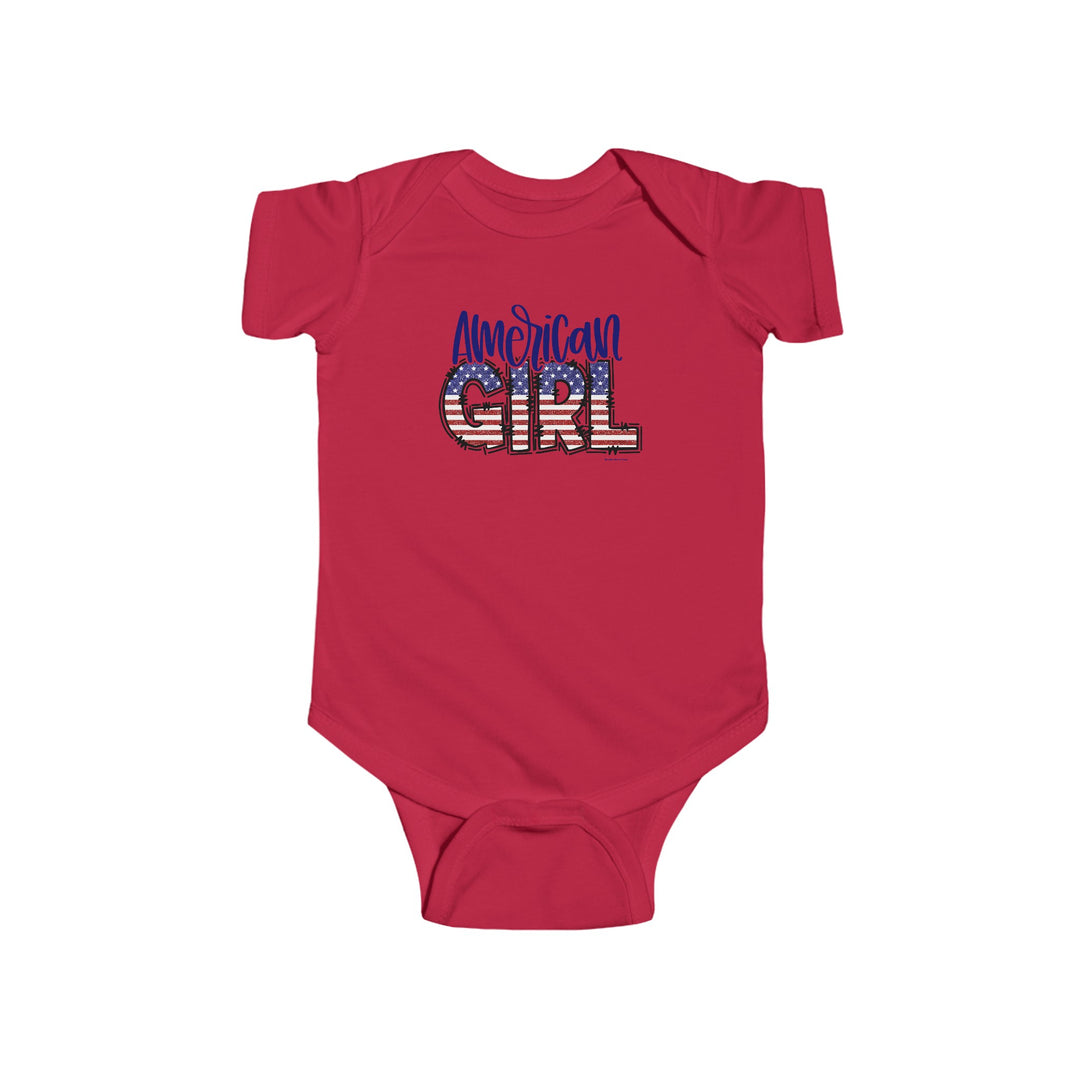 American Girl Onesie featuring a flag design, ideal for infants. Made of 100% cotton, with ribbed bindings for durability and easy plastic snap closures. Available in various sizes. From Worlds Worst Tees.