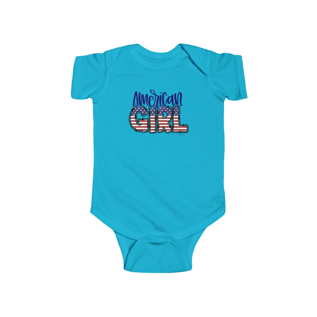 An American Girl onesie for infants, featuring durable 100% cotton fabric with ribbed bindings and plastic snaps for easy changes. Ideal for comfort and style.