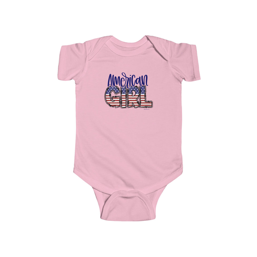 American Girl Onesie: Pink baby bodysuit with flag design, perfect for infants. 100% cotton, ribbed knitting for durability, plastic snaps for easy changing access. Ideal for 0-24M sizes. From Worlds Worst Tees.