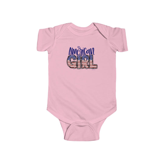 American Girl Onesie: Pink baby bodysuit with flag design, perfect for infants. 100% cotton, ribbed knitting for durability, plastic snaps for easy changing access. Ideal for 0-24M sizes. From Worlds Worst Tees.