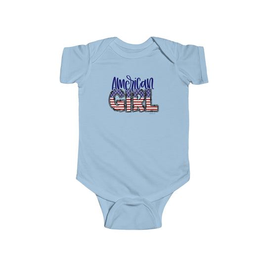 A durable American Girl onesie for infants, featuring 100% cotton fabric, ribbed knit bindings, and plastic snaps for easy changes. Light and soft, perfect for little ones.