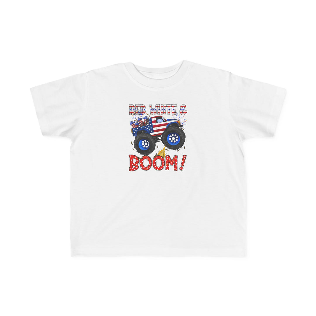 Red White and Boom Toddler Tee featuring a cartoon monster truck with fireworks, perfect for sensitive skin. 100% cotton, light fabric, tear-away label, classic fit, true to size. Dimensions: 2T - 15.5 length, 12 width, 4.75 sleeve; 3T - 16.5 length, 13 width, 5 sleeve; 4T - 17.5 length, 14 width, 5.25 sleeve; 5-6T - 18.5 length, 15 width, 5.5 sleeve.