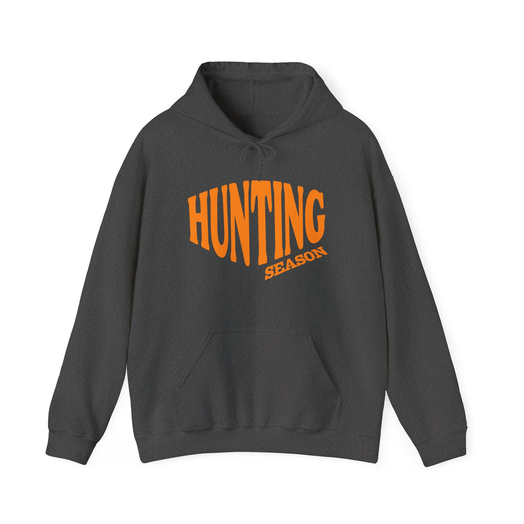 Hunting Season Hoodie with bold orange lettering, featuring a kangaroo pocket and drawstring hood, offering warmth and style for chilly days.