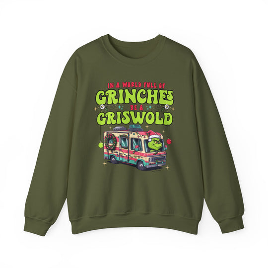 Unisex heavy blend crewneck sweatshirt featuring a cartoon bus design, ideal for comfort. Polyester and cotton blend, ribbed knit collar, loose fit, no itchy seams. Product title: Be a Griswold Crew.
