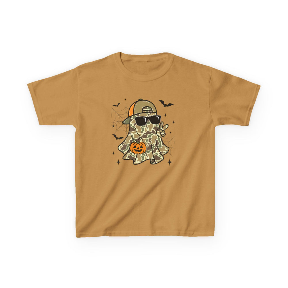 Candy Ghost Kids Tee features a cartoon ghost in camouflage, wearing sunglasses and a cap, holding a peace sign and jack-o’-lantern, surrounded by bats and stars.
