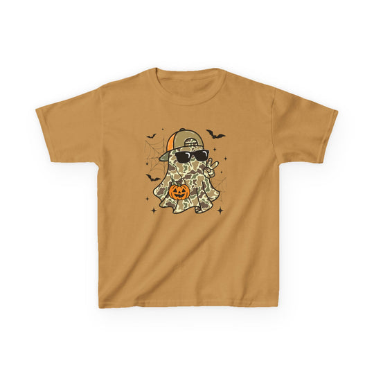 Candy Ghost Kids Tee features a cartoon ghost in camouflage, wearing sunglasses and a cap, holding a peace sign and jack-o’-lantern, surrounded by bats and stars.