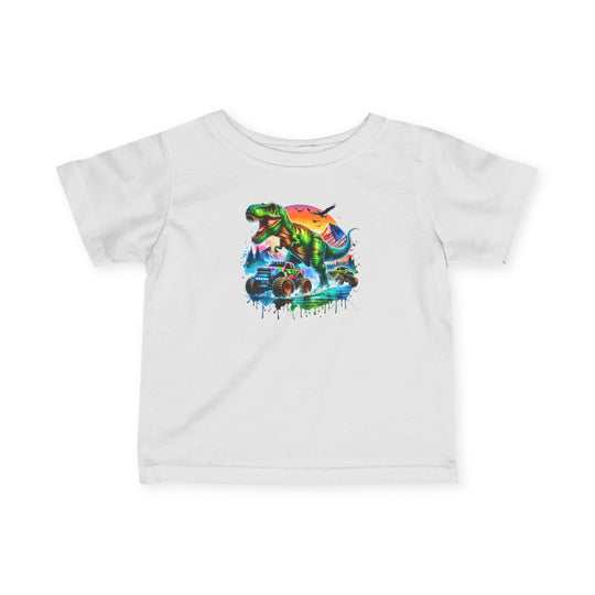Dino Truck Baby Tee featuring a roaring green T. rex graphic with monster trucks in a sunset mountain scene, designed for toddler comfort and durability.