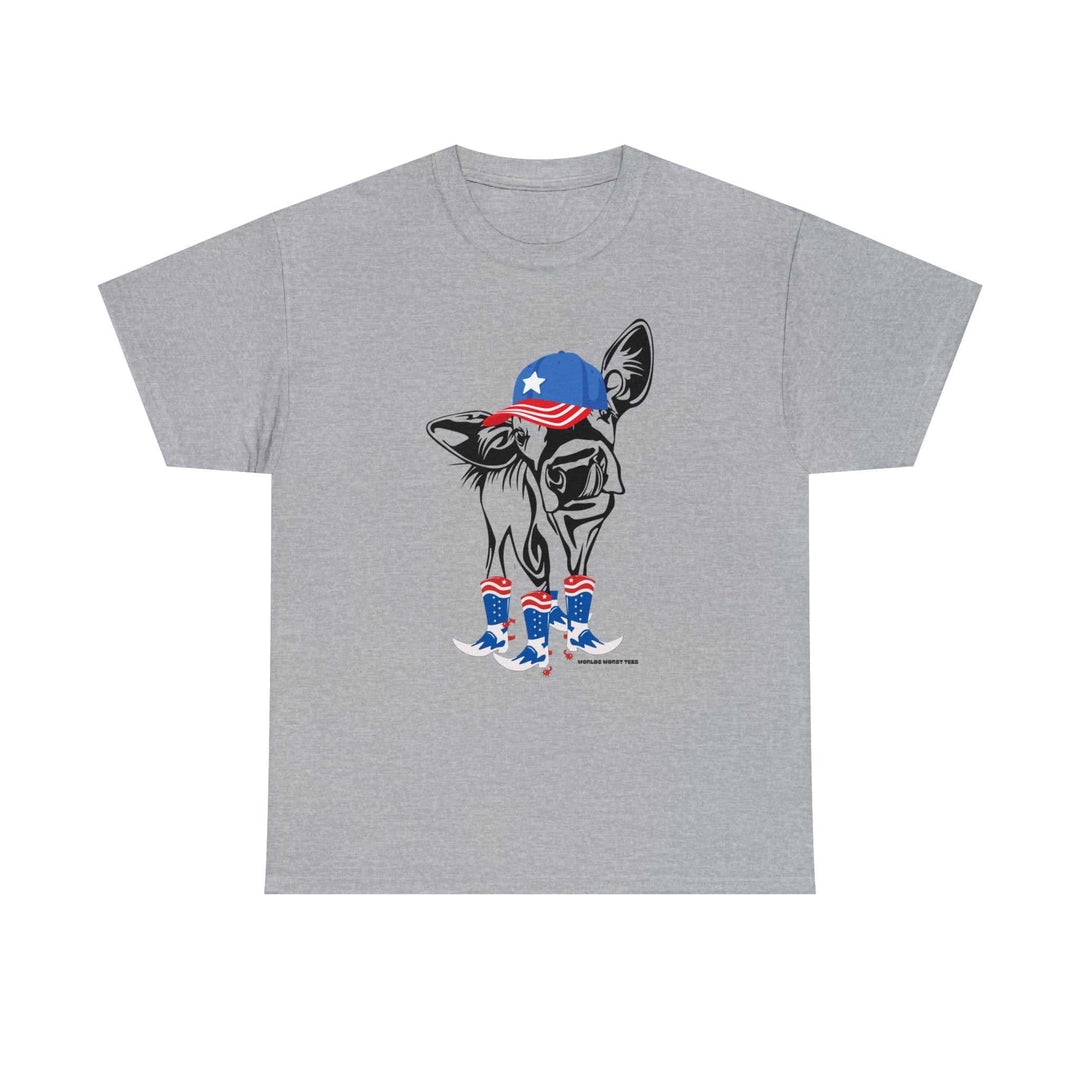 Unisex grey t-shirt featuring an elephant and cow in a hat and boots design. Classic fit, 100% cotton, with ribbed knit collar for comfort. Perfect for casual fashion.