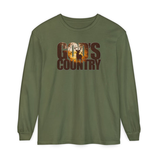 Forest-green long-sleeve tee with “GOD'S COUNTRY” and sunset woodland scene featuring a stag. Made of soft ring-spun cotton, offering a relaxed fit.