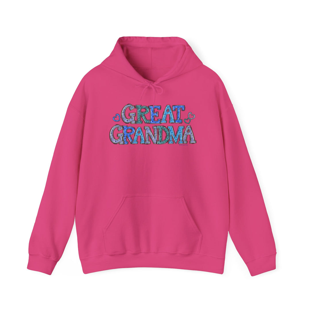 A cozy Great Grandma Hoodie in pink with blue text. Unisex heavy blend sweatshirt, cotton-polyester mix for warmth. Kangaroo pocket, matching drawstring hood. Ideal for chilly days.