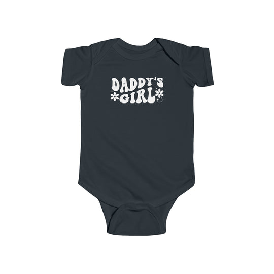 A durable and soft infant fine jersey bodysuit featuring Daddy's Girl text. Made of 100% cotton with ribbed knit bindings and plastic snaps for easy changing. From Worlds Worst Tees.