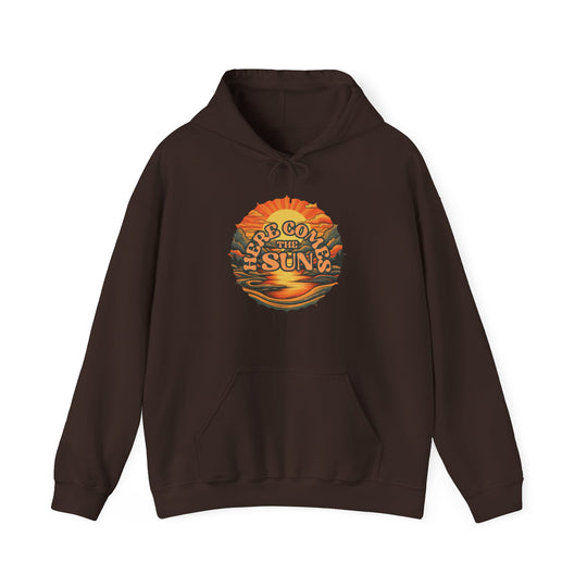 Unisex Here Comes the Sun Hoodie: Brown sweatshirt with logo, kangaroo pocket, and drawstring hood. 50% cotton, 50% polyester blend, medium-heavy fabric for warmth and comfort. No side seams, tear-away label.