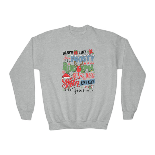 Youth crew sweatshirt featuring Frosty Rudolph Santa Jesus design. 50% cotton, 50% polyester blend, medium-heavy fabric for school, sports, or lounging. True-to-size fit, loose style.