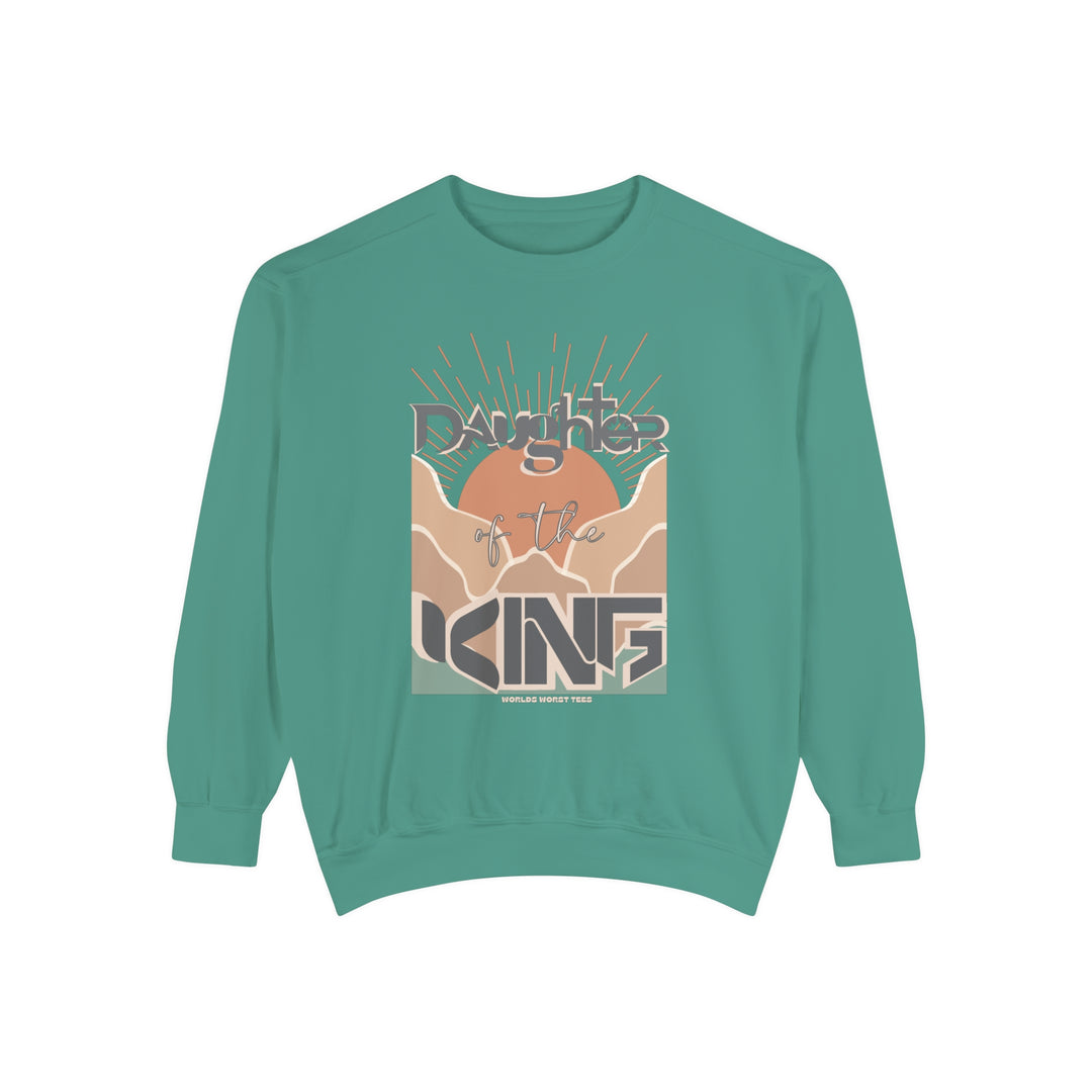 Unisex Daughter of the King Crew sweatshirt, garment-dyed with 80% ring-spun cotton and 20% polyester. Features relaxed fit, rolled-forward shoulder, and back neck patch. Medium-heavy fabric.