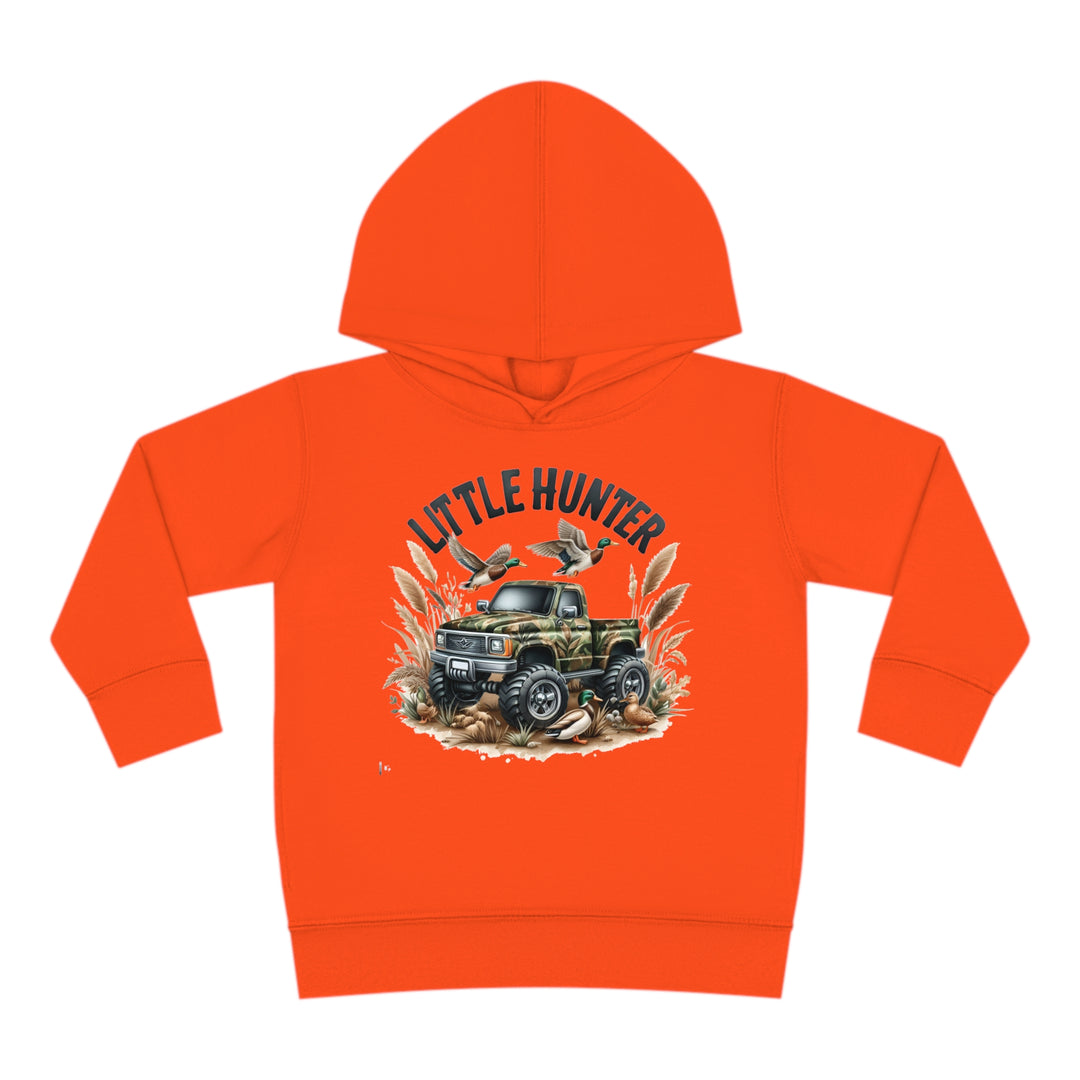 Little Hunter Toddler Hoodie featuring a truck and birds design, crafted for durability and coziness with jersey-lined hood, cover-stitched details, and side seam pockets. 60% cotton, 40% polyester blend.