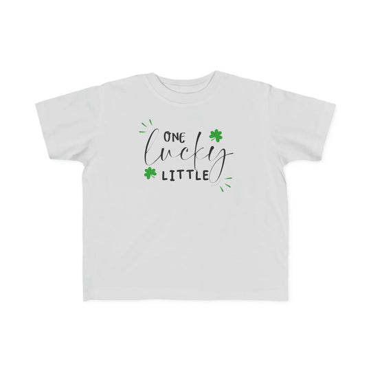 A toddler's tee, One Lucky Little Tee, featuring durable print on soft white fabric. Classic fit, tear-away label, sizes 2T to 5-6T.