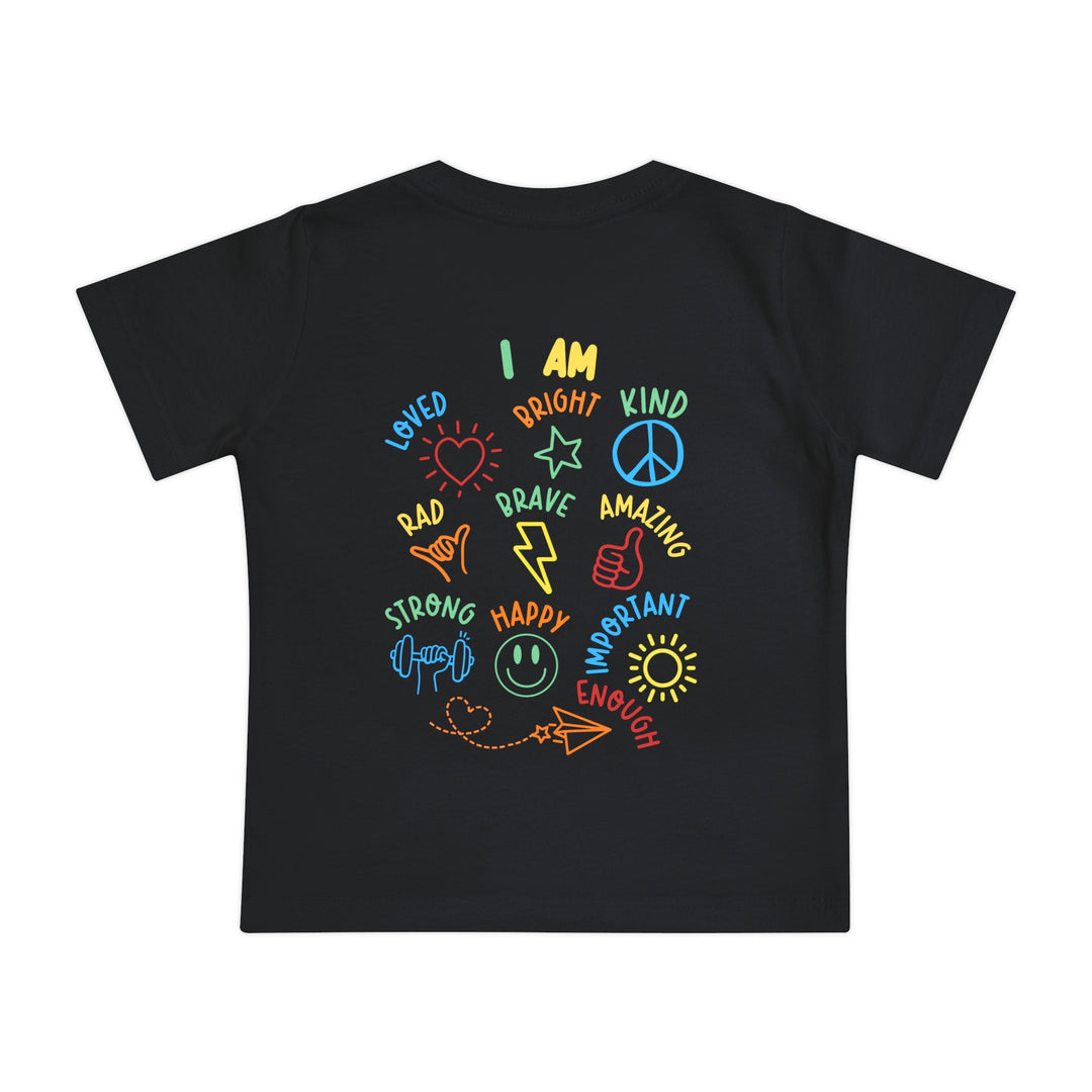 I AM Baby Tee featuring neon-style affirmations and doodles in a playful circle design, ideal for infants aged 3-24 months.