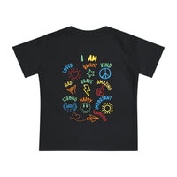 I AM Baby Tee featuring neon-style affirmations and doodles in a playful circle design, ideal for infants aged 3-24 months.
