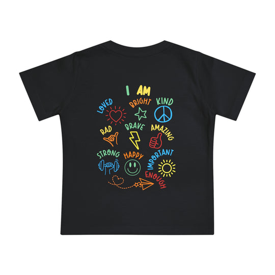 I AM Baby Tee featuring neon-style affirmations and doodles in a playful circle design, ideal for infants aged 3-24 months.