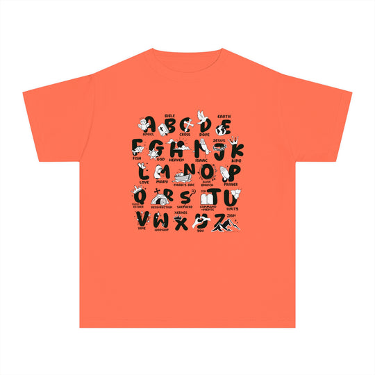 Bible Alphabet Kids Tee: A comfy, agile tee for kids, crafted from 100% combed ringspun cotton. Soft-washed, garment-dyed fabric in a classic fit, perfect for all-day wear. Features sew-in twill label.