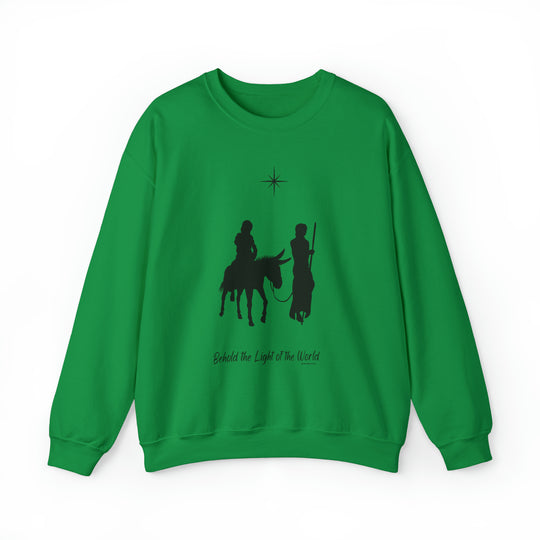 Unisex green sweatshirt featuring a silhouette of two men riding horses, embodying comfort and style. Polyester-cotton blend, ribbed knit collar, loose fit, and no itchy side seams. From Worlds Worst Tees.