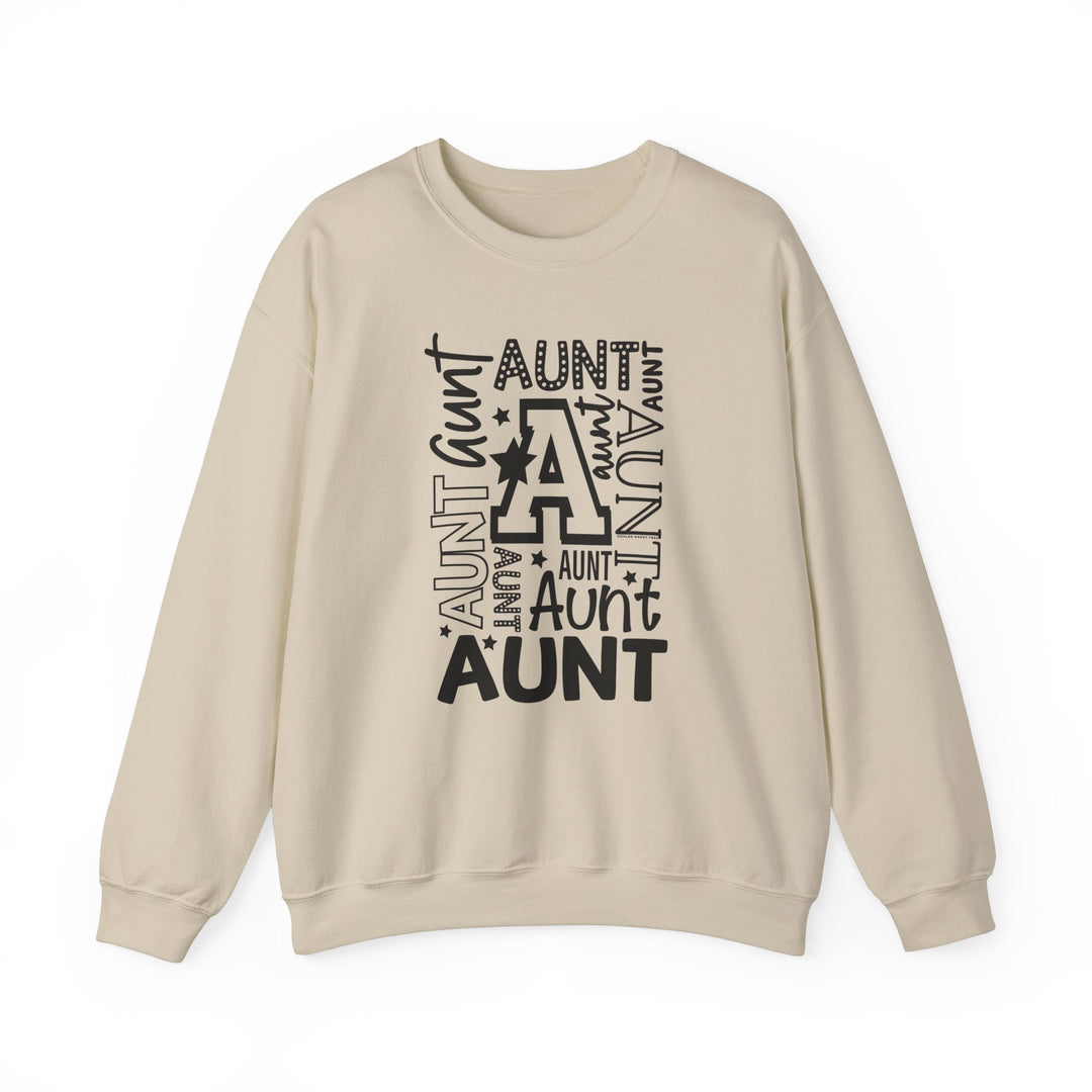 Aunt Crew relaxed fit sweatshirt in tan with black text. Soft 50% cotton, 50% polyester blend, crew neck, medium-heavy fabric, loose fit. Elevate your style effortlessly.