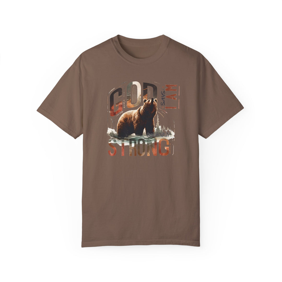 A brown t-shirt featuring a bear design, the I Am Strong Tee by Worlds Worst Tees. Made of 100% ring-spun cotton, garment-dyed for coziness, with double-needle stitching for durability and a relaxed fit.