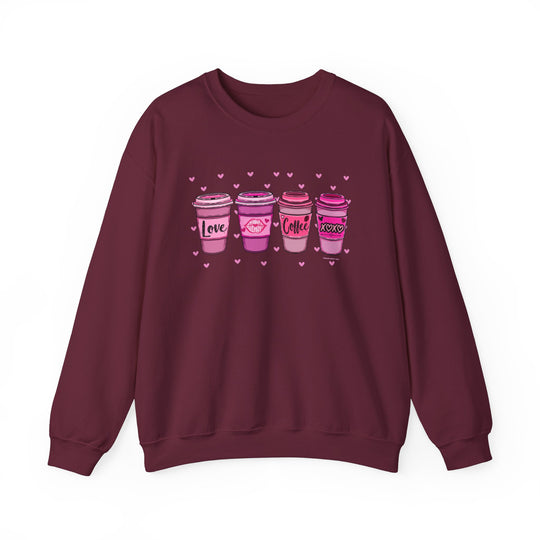 Unisex XOXO Coffee Crew sweatshirt featuring coffee cup design. Heavy blend fabric, ribbed knit collar, no itchy seams. Sizes S-5XL. Ideal comfort for any occasion.