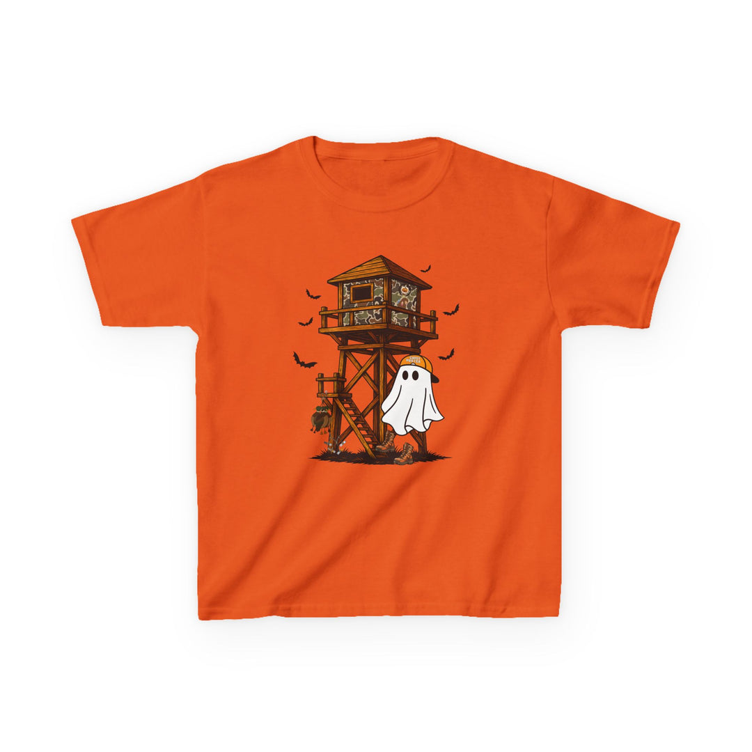 Ghost Hunter Kids Tee features a camo hunting tower with bats, a ghost in a cap, and a pumpkin, blending outdoor and spooky themes.