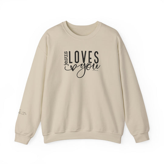Unisex heavy blend crewneck sweatshirt featuring Jesus Loves You Crew design. Medium-heavy 50% cotton, 50% polyester fabric for cozy comfort. Ribbed knit collar, double-needle stitching for durability. Ethically made in the US.