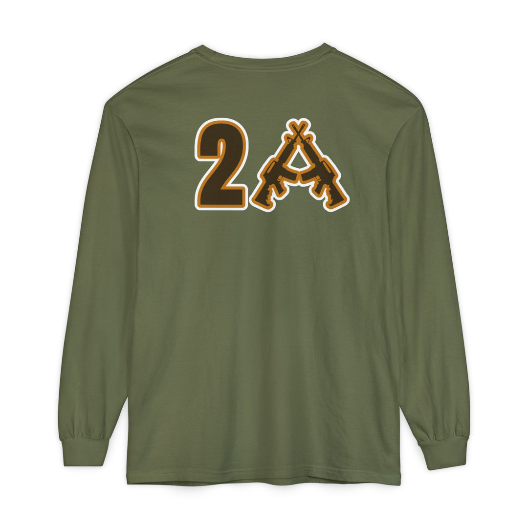 Olive-green 2A Long Sleeve Tee from behind, featuring a “2” and crossed rifles forming an “A” graphic, symbolizing the Second Amendment, on soft, ring-spun cotton.