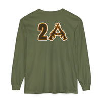 Olive-green 2A Long Sleeve Tee from behind, featuring a “2” and crossed rifles forming an “A” graphic, symbolizing the Second Amendment, on soft, ring-spun cotton.