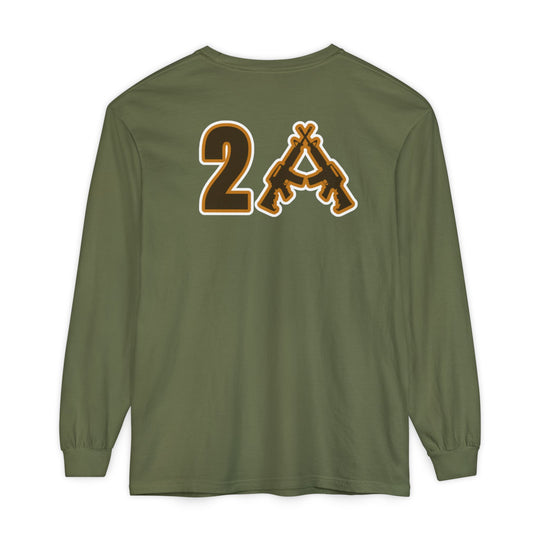 Olive-green 2A Long Sleeve Tee from behind, featuring a “2” and crossed rifles forming an “A” graphic, symbolizing the Second Amendment, on soft, ring-spun cotton.