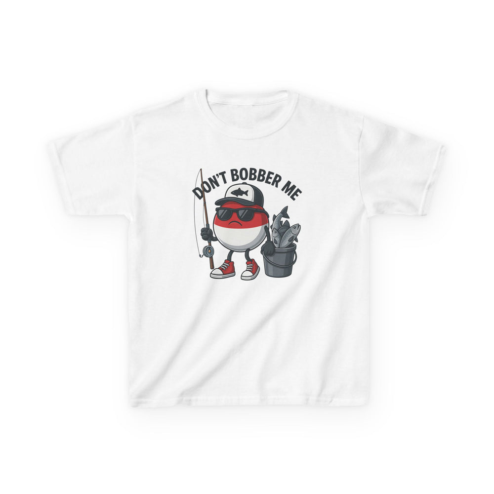 Don't Bobber Me Kids Tee featuring a cartoon bobber character with fishing gear and pun slogan, designed for durability and everyday wear.